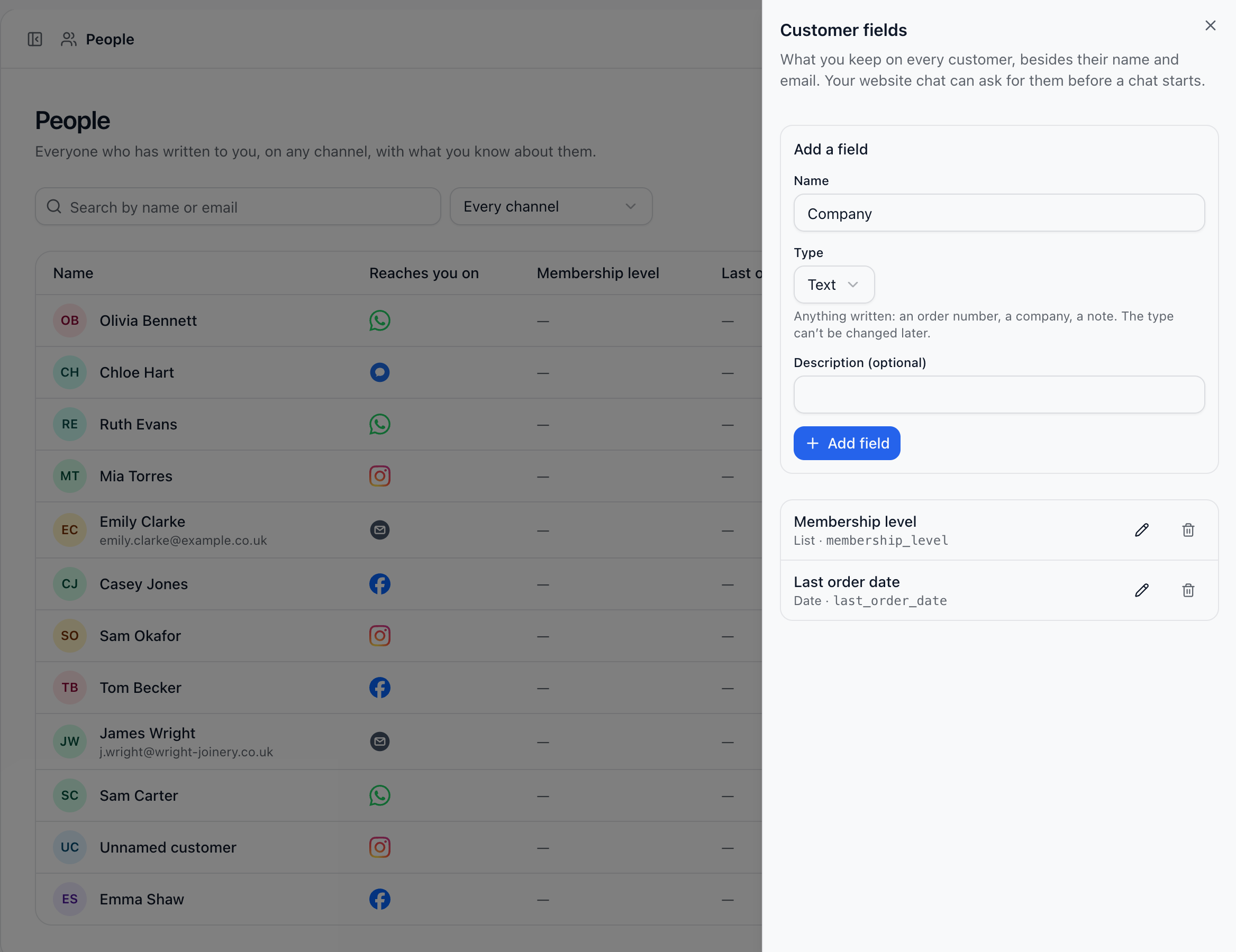 The People page with the Customer fields panel open, showing two fields and the form to add another.