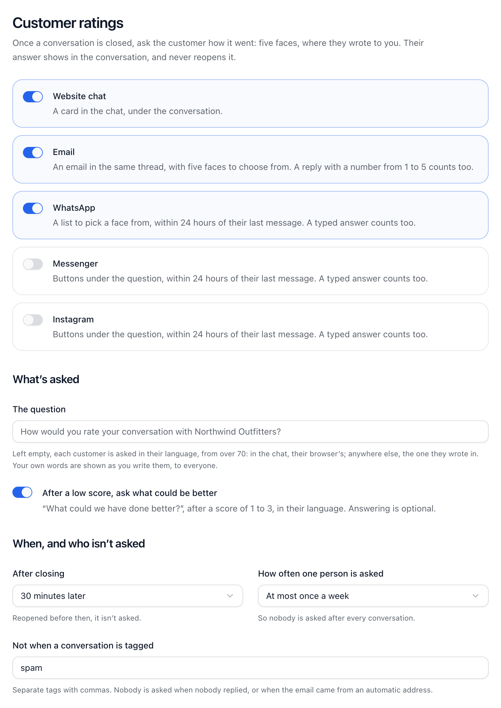 The Customer ratings settings with channels switched on and a preview of the rating question on WhatsApp.