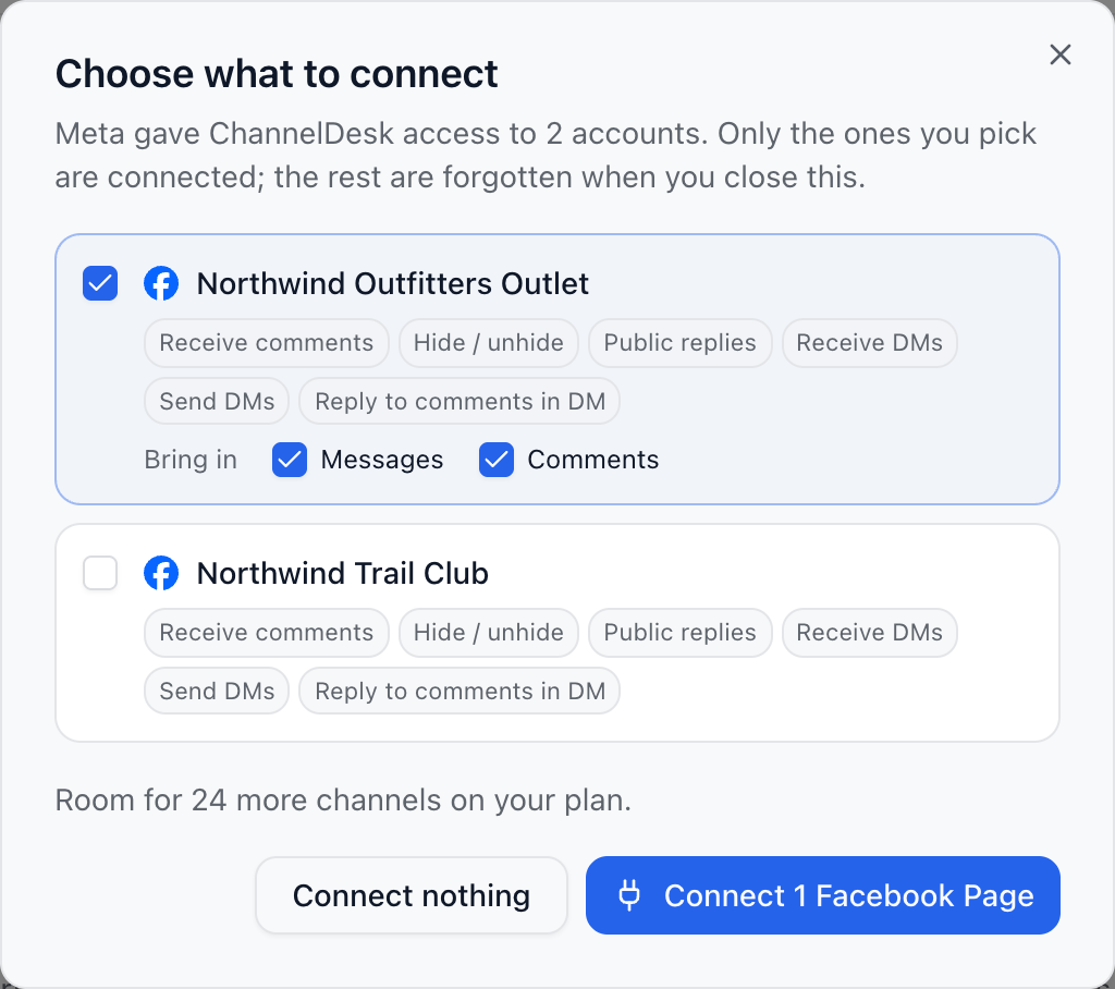 The Choose what to connect dialog with two Facebook Pages from Meta, one ticked with messages and comments both on.