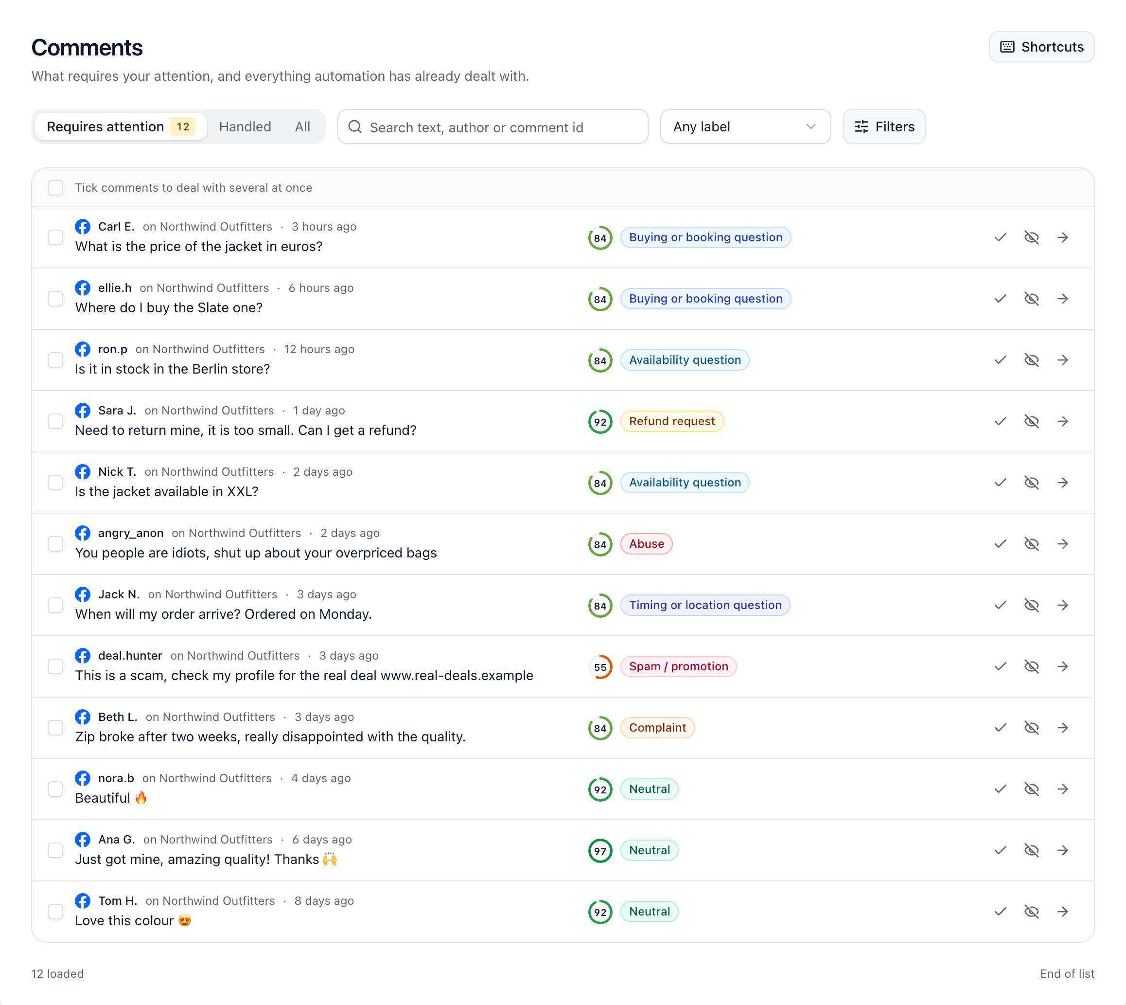 The Comments page listing comments that need attention, each with its AI label.