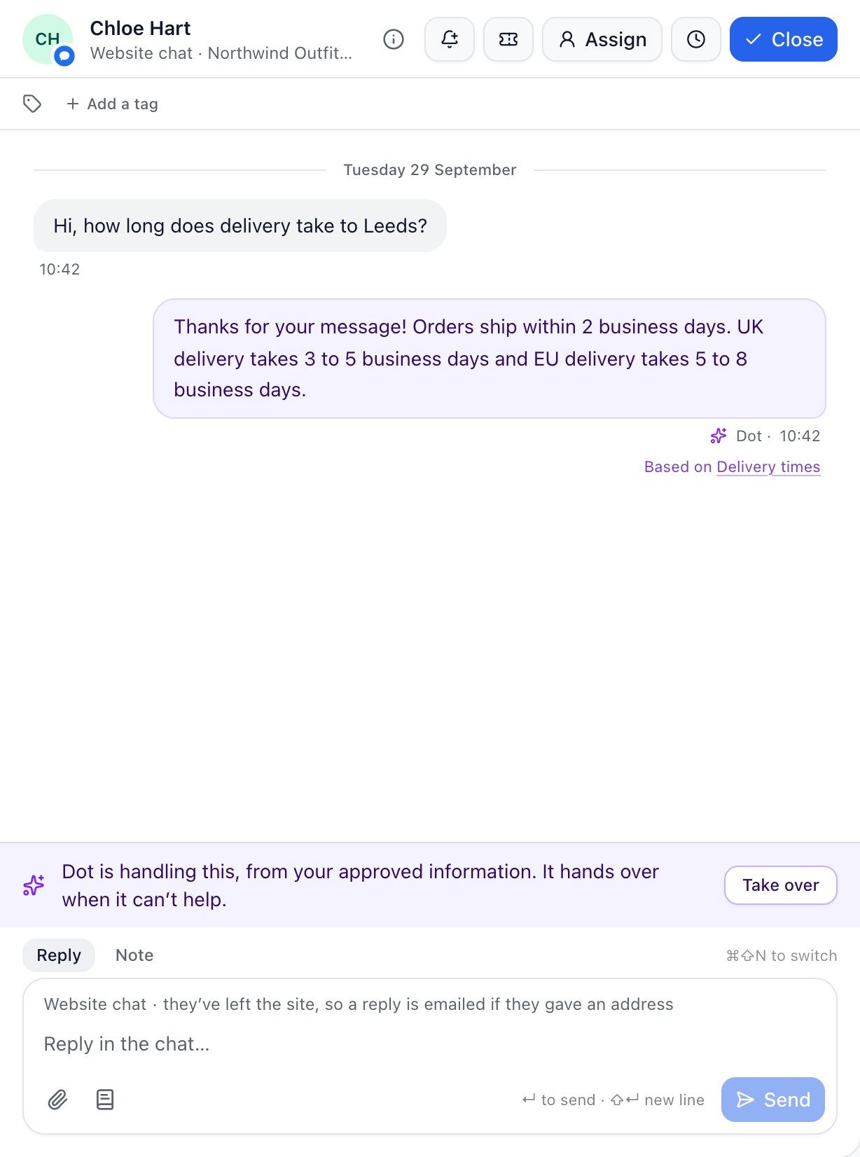 A website chat conversation where Dot answered a delivery question, with the approved answer it was based on shown under the reply.