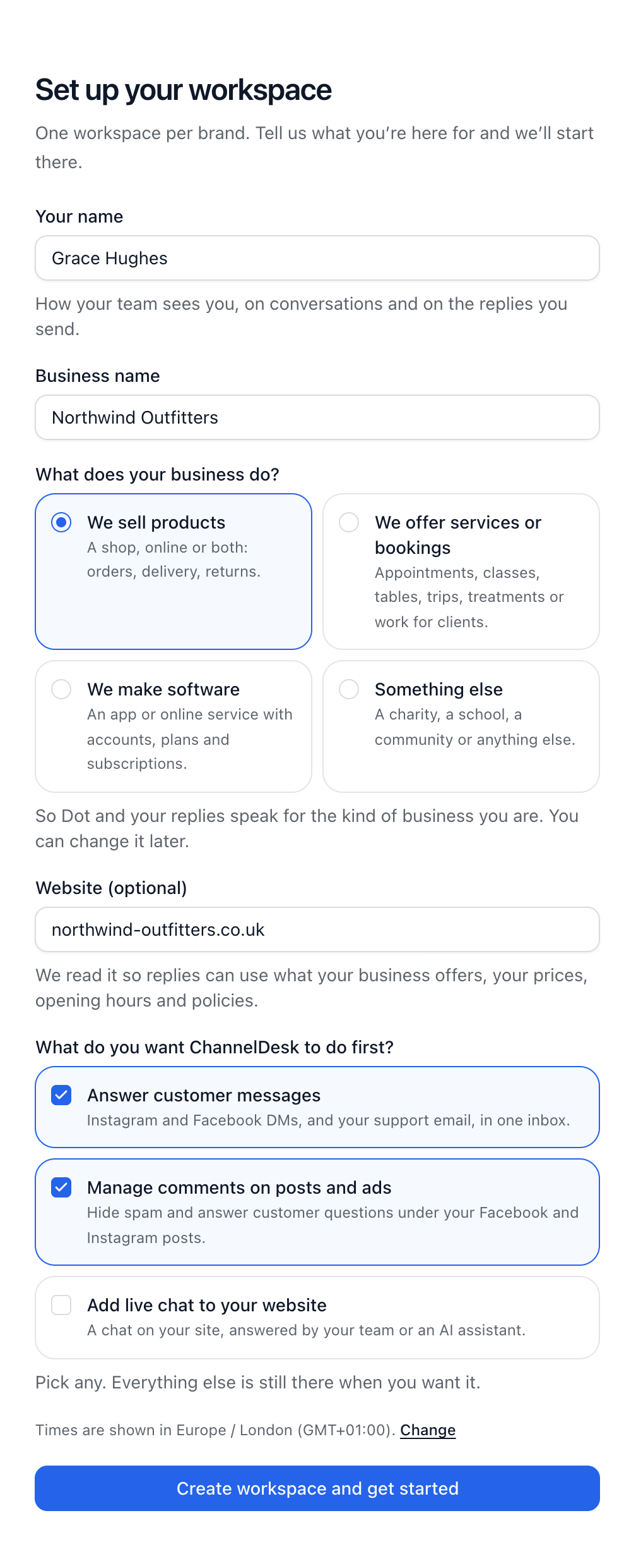 The Set up your workspace form with the business details filled in and two goals ticked.