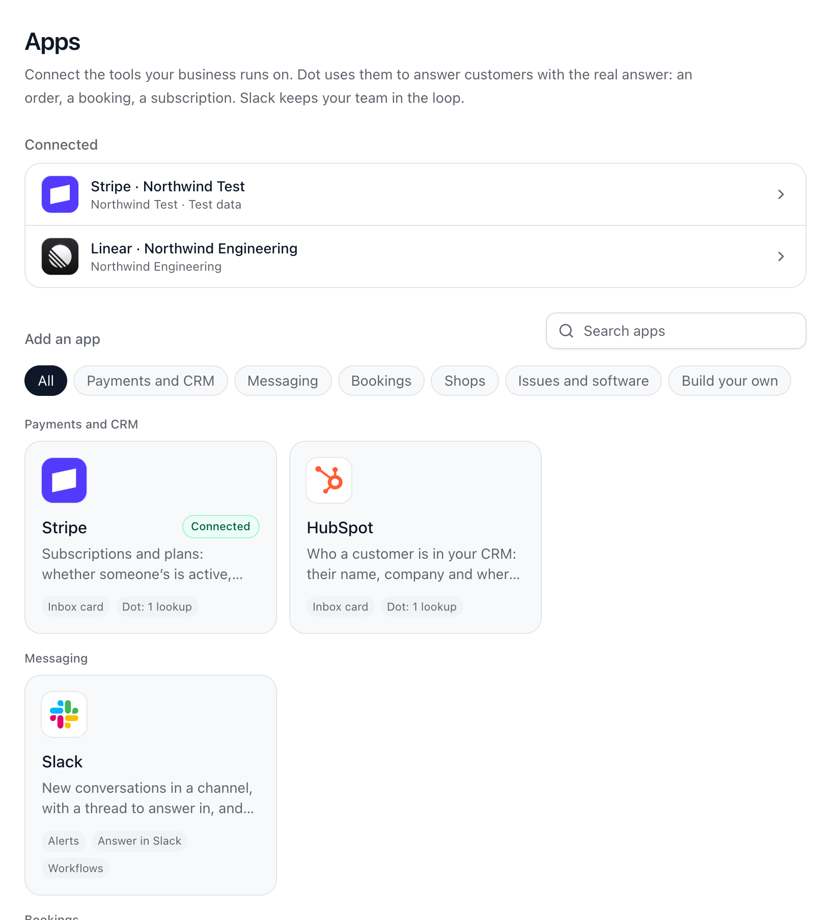 The Apps page with Stripe and Linear connected, and the gallery of apps to add.