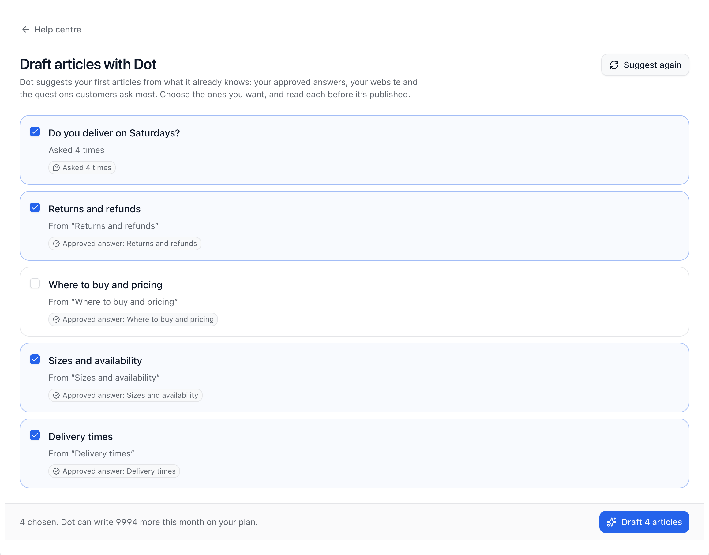 Dot’s suggested first articles, each with what it’s based on and a tick box.