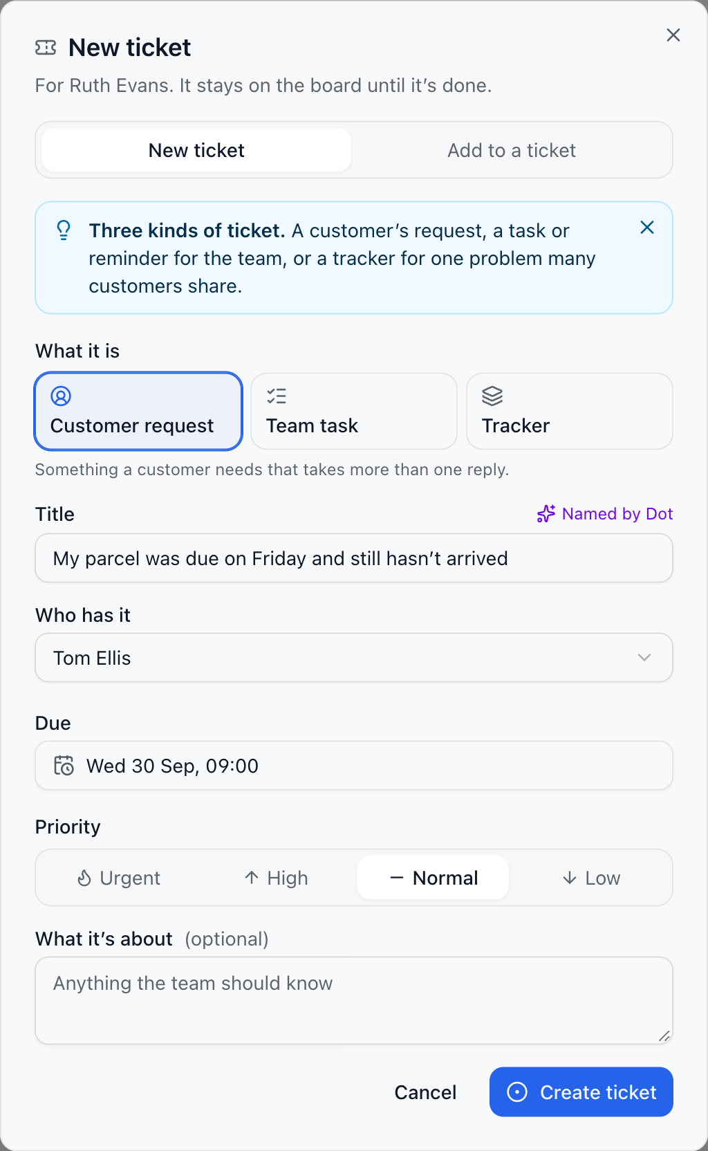 The New ticket window over a conversation, with a suggested title, type, priority, owner and due date.