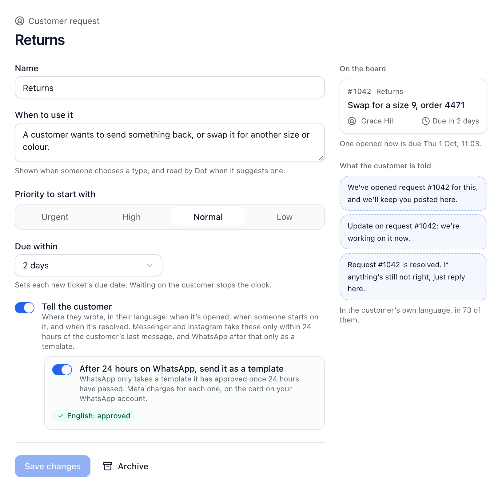 A ticket type’s page with its name, priority, target time and the Tell the customer switch, beside a preview of the messages customers get.