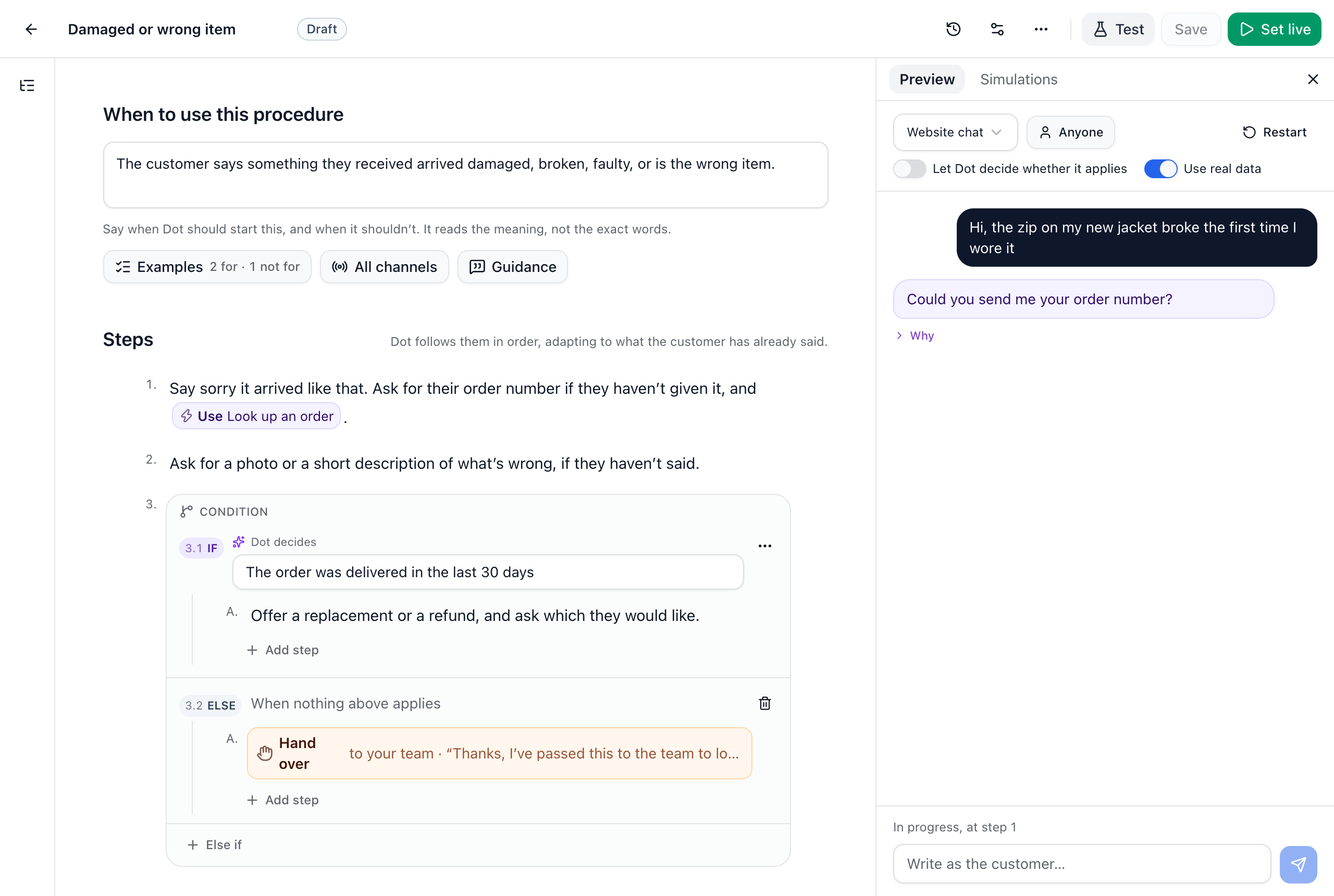 The procedure editor for Damaged or wrong item, with a Look up an order step and a condition, and a test chat in Preview.