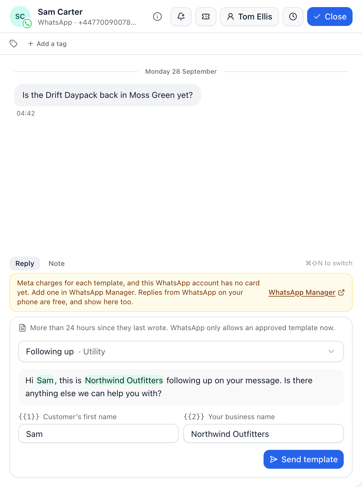 A WhatsApp conversation more than 24 hours old: the reply box offers the Following up template, filled in with the customer’s first name.