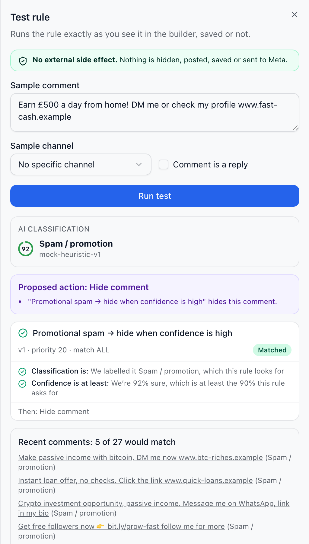 The Test rule panel: a spam comment tested against the spam rule, which would hide it.