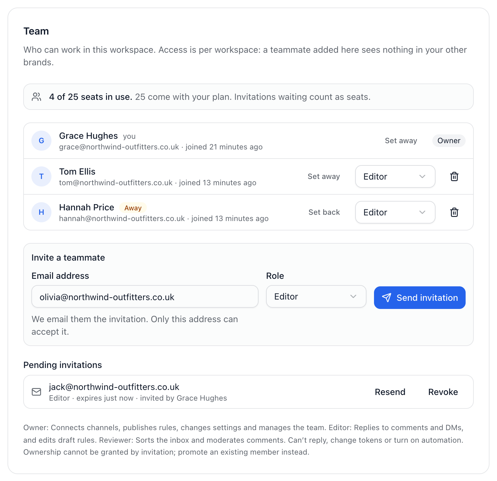 The Team settings page with members, the invite form and a pending invitation.
