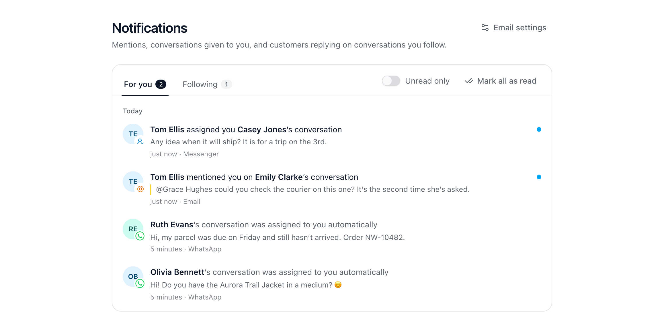 The notifications page listing a mention and a conversation given to you, with For you and Following tabs and Mark all as read.