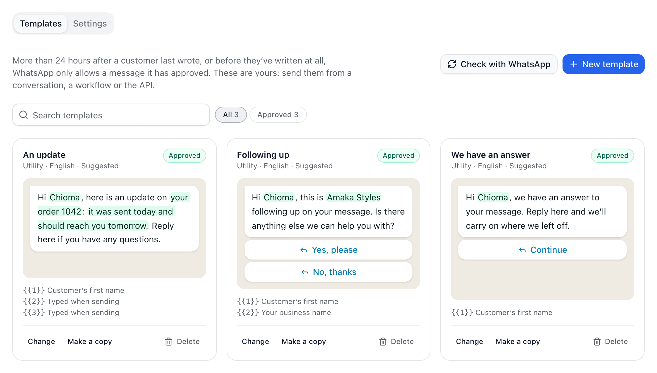 The Templates tab of a WhatsApp number with its approved templates.