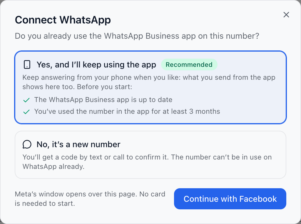 The Connect WhatsApp dialog with two choices, keeping the WhatsApp Business app or using a new number.