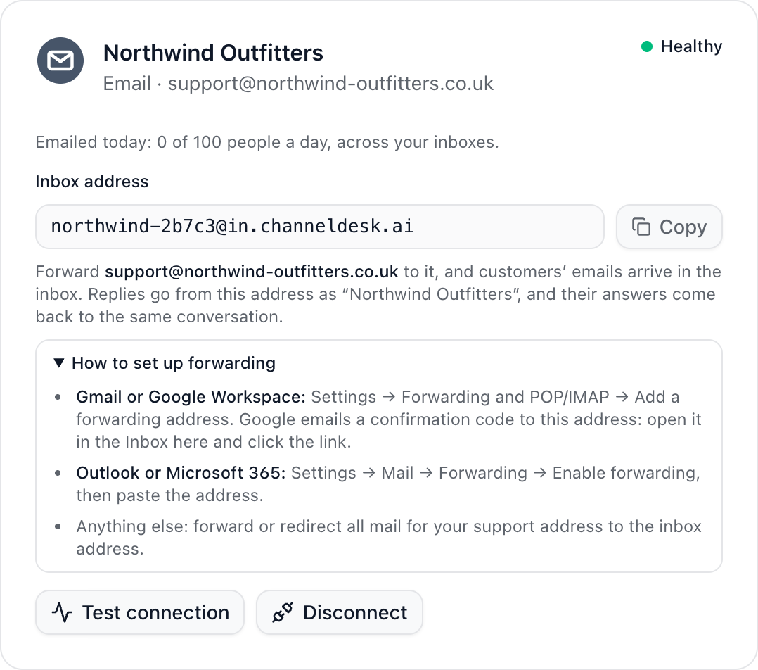 An email inbox card with its forwarding address and forwarding instructions.