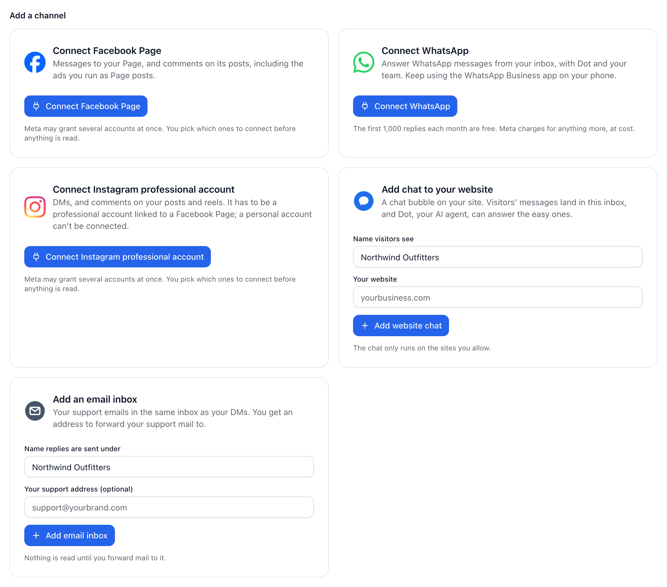The Channels page with a card for each kind of channel you can connect.