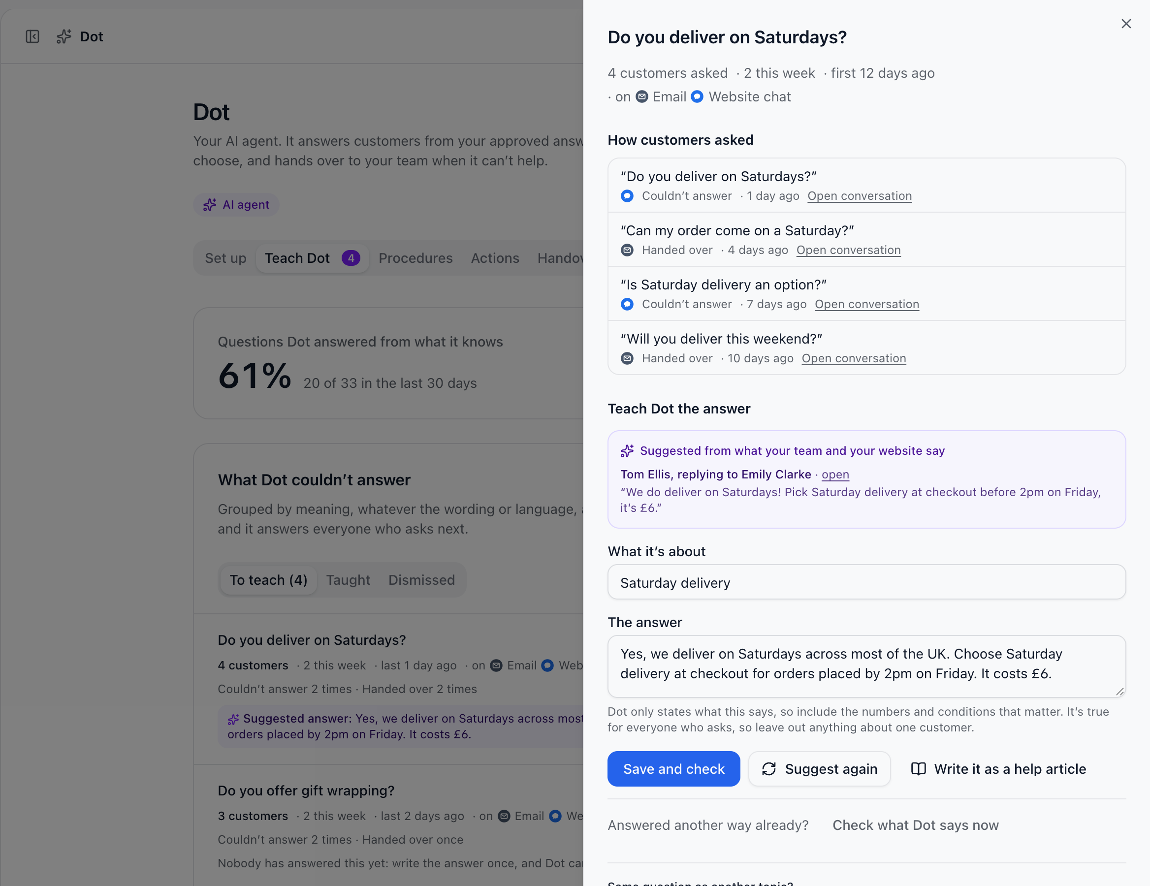 Teach Dot with a topic open, showing customers’ questions and a suggested answer ready to save.