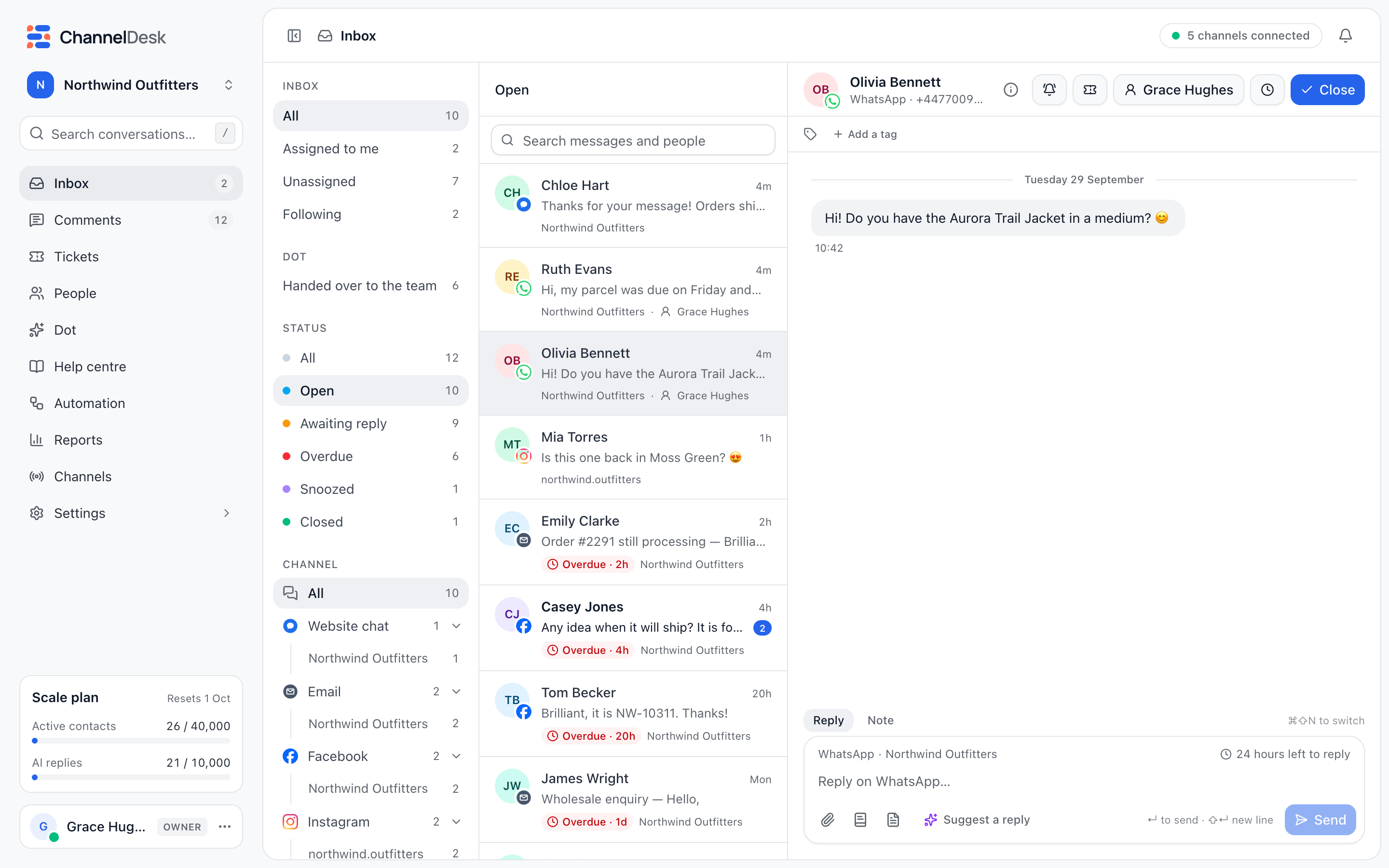 The inbox: filters on the left, the list of conversations, and a WhatsApp conversation open with Assign, Snooze and Close at the top.