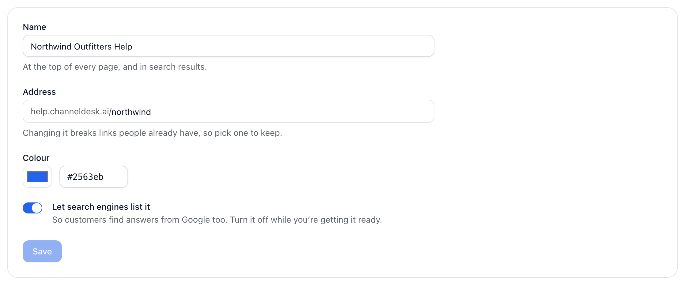 The help centre’s settings, with its name, address, colour and search listing switch.